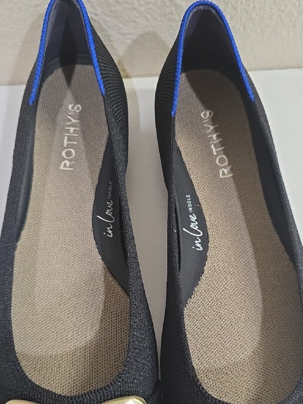 Rothy's Black Pointed Flats with Gold Buckle Accent - Picture 4 of 8